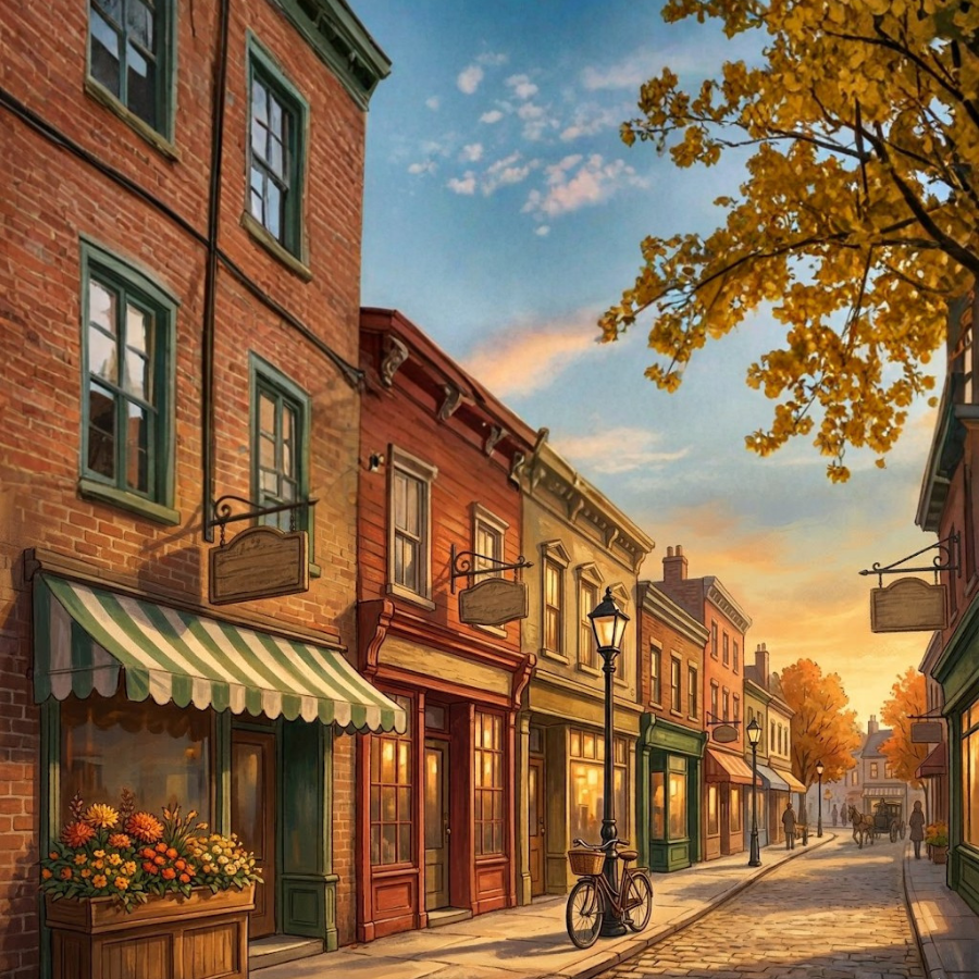 Illustration of a cozy small-town main street