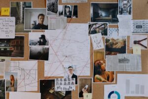 Cozy mystery suspect list investigation board with photos and red string